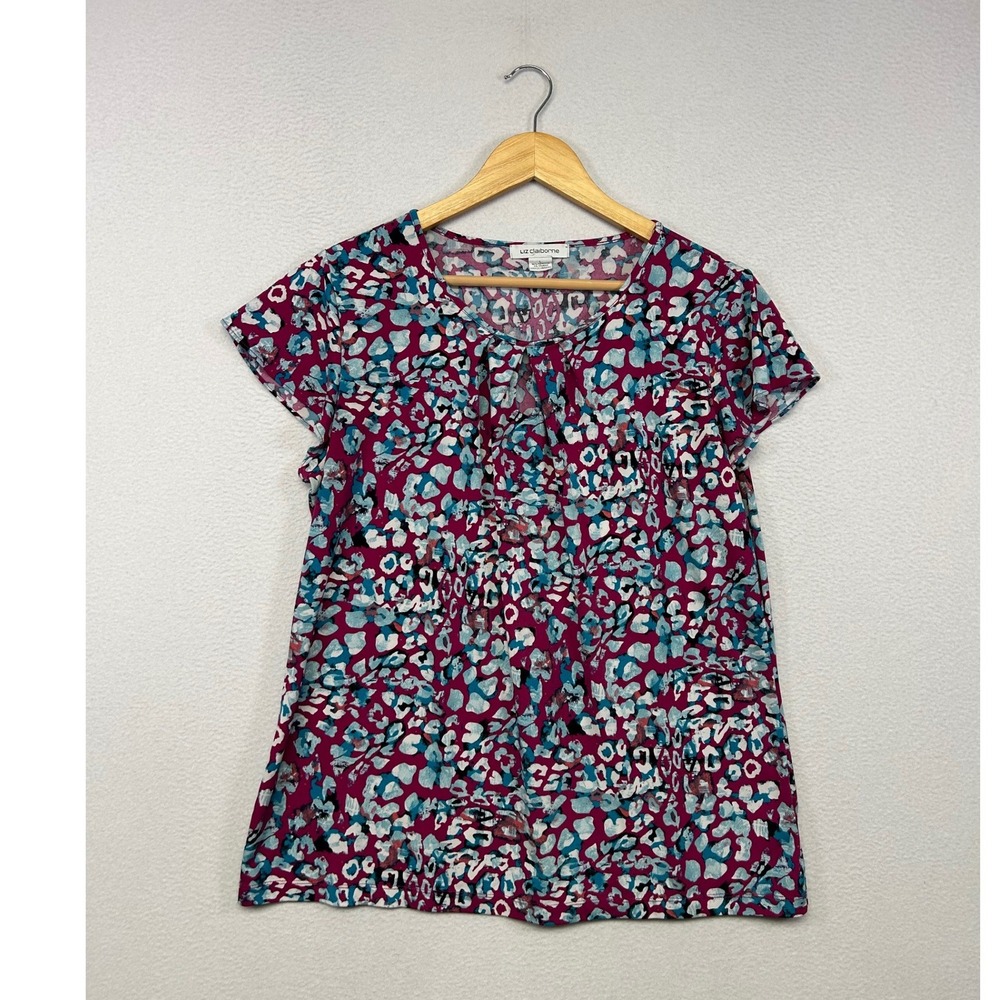 Abstract Animal Print Liz Claiborne Womens Large Pink Blue Cap Sleeve Blouse
